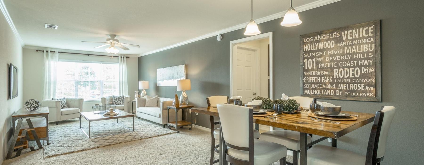 a dining room with a large table